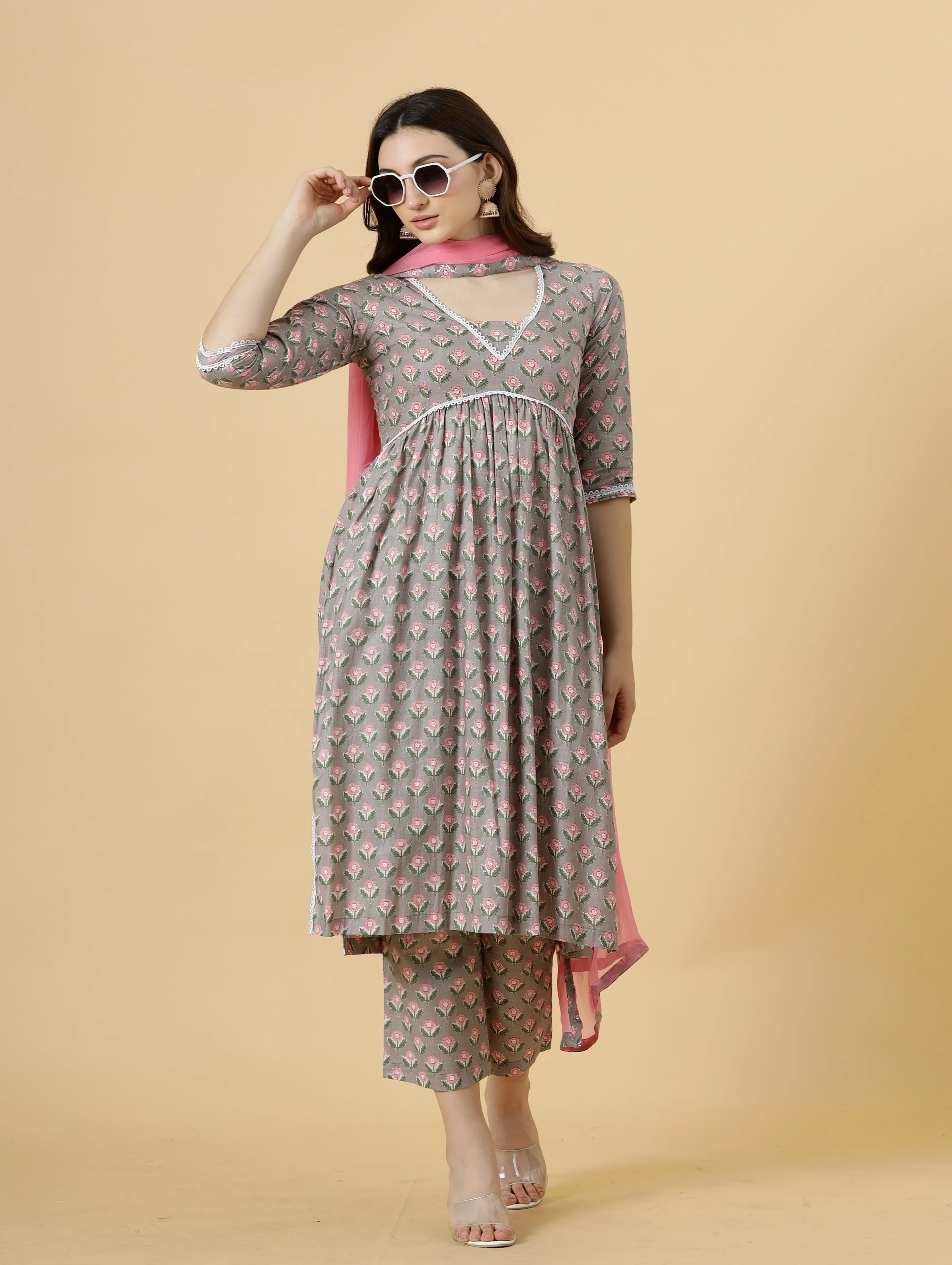 Elegant Neutral Grey Block Printed Sanganeri Kurti-Palazzo Set