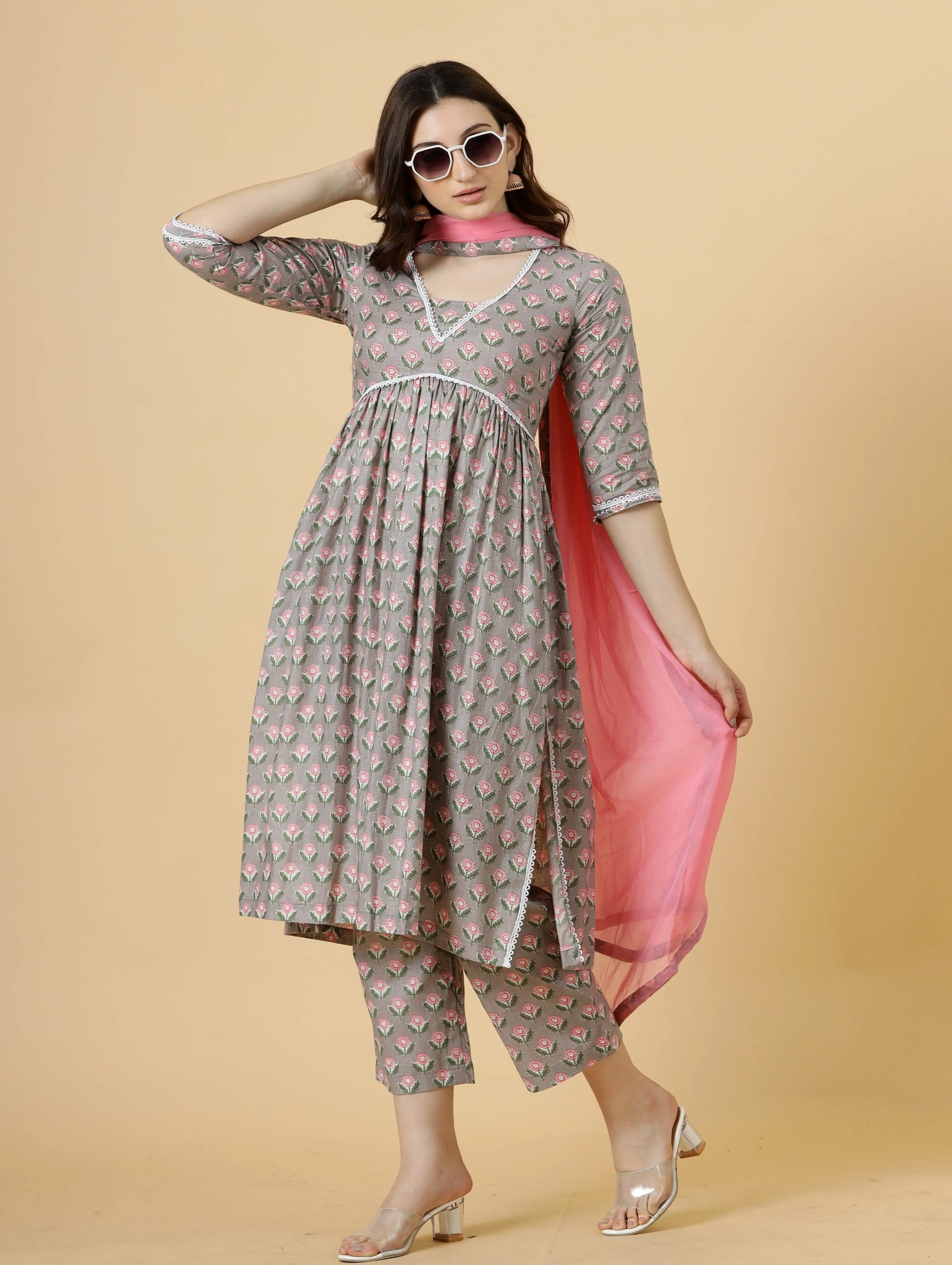 Elegant Neutral Grey Block Printed Sanganeri Kurti-Palazzo Set