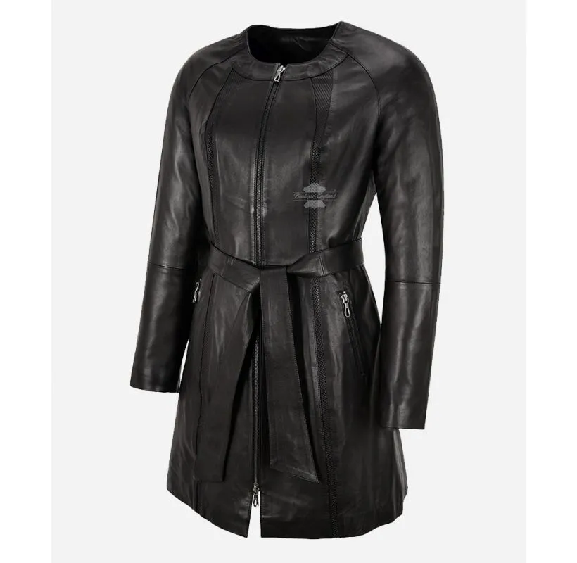 ENVY Ladies Knee Length Coat Collarless Round Neck 3/4 Leather Jacket