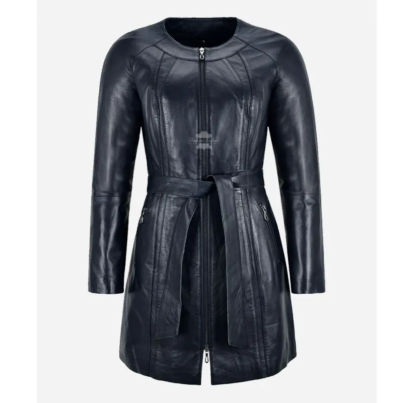 ENVY Ladies Knee Length Coat Collarless Round Neck 3/4 Leather Jacket