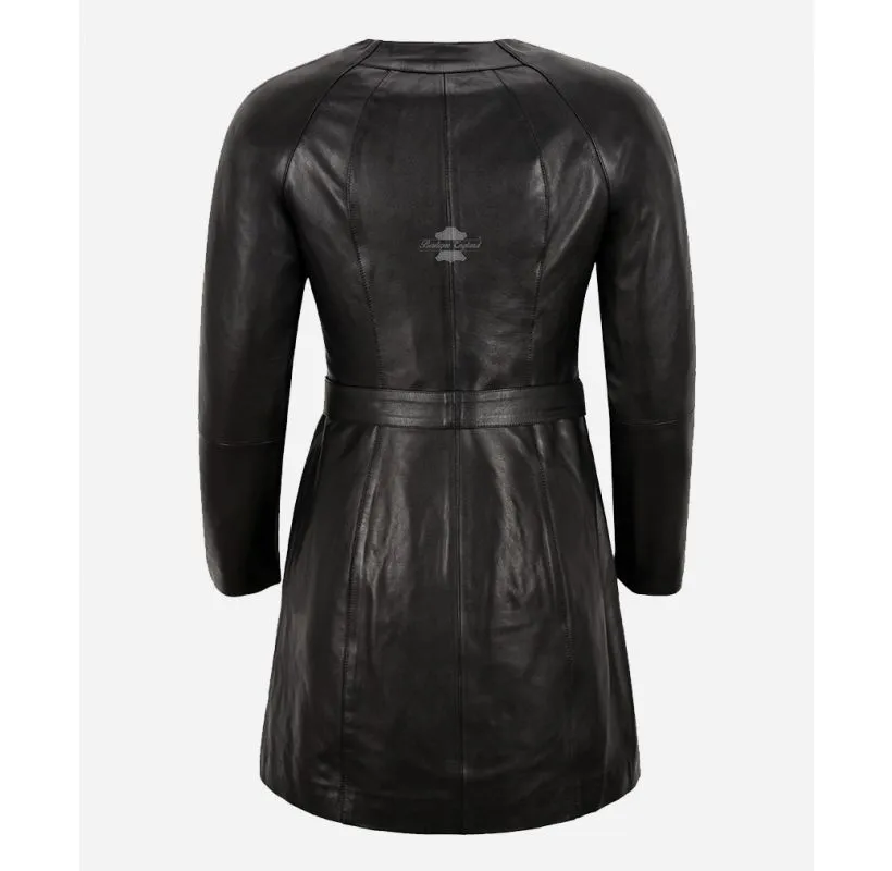 ENVY Ladies Knee Length Coat Collarless Round Neck 3/4 Leather Jacket