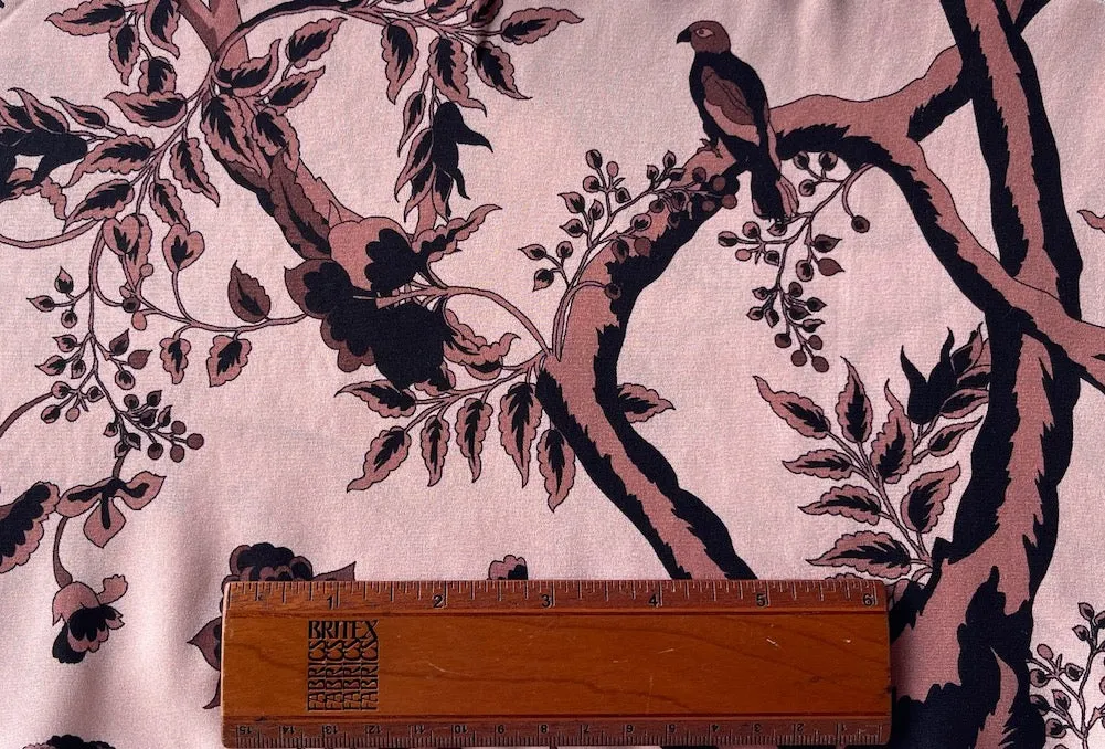 Floral Cedar Wood & Dogwood Pink Matte Silk Satin Charmeuse (Made in Italy)
