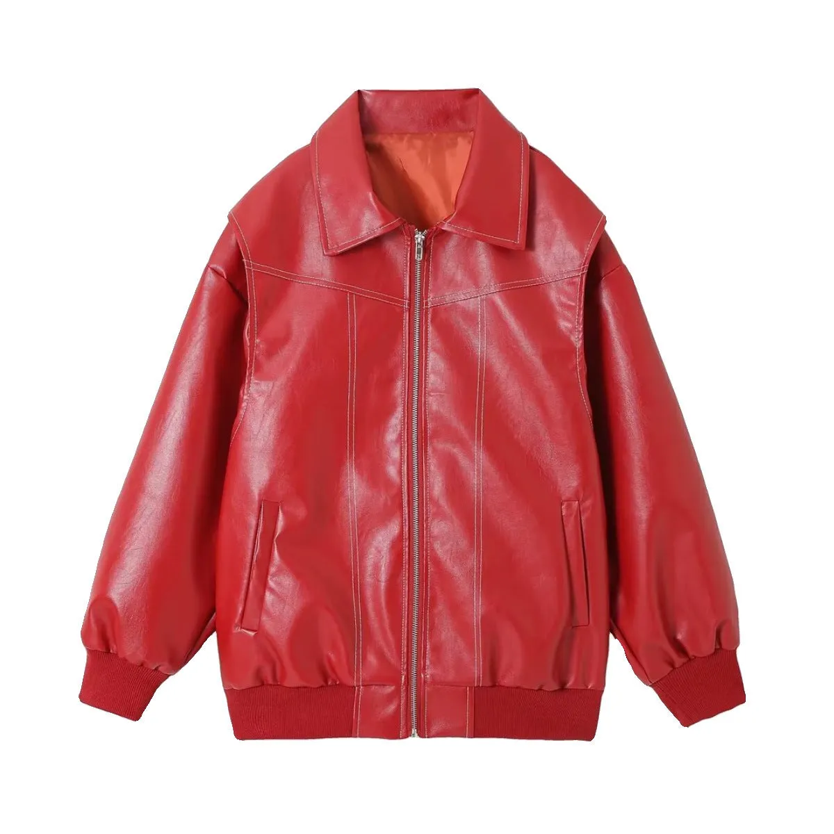 Loose Fashion Lapel Zip-up Jacket Cool Long Sleeve Zipper Closure Moto Biker Leather Jacket