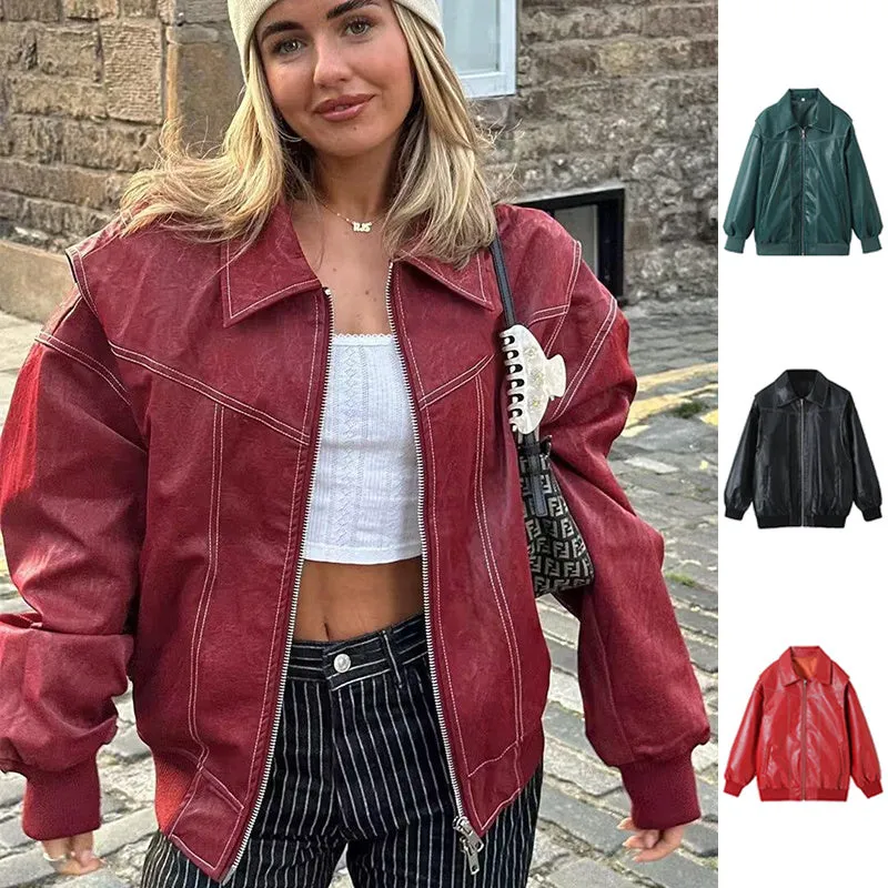Loose Fashion Lapel Zip-up Jacket Cool Long Sleeve Zipper Closure Moto Biker Leather Jacket