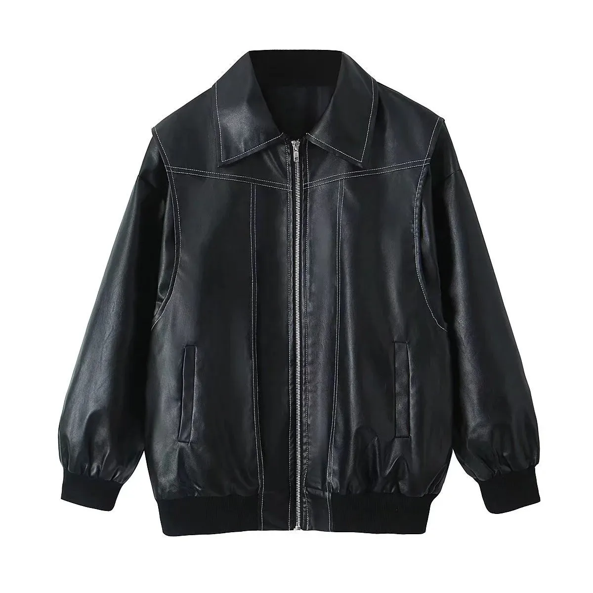 Loose Fashion Lapel Zip-up Jacket Cool Long Sleeve Zipper Closure Moto Biker Leather Jacket