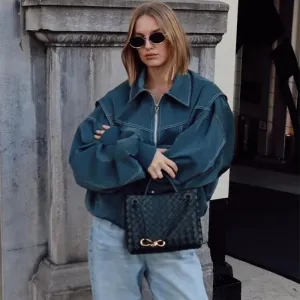 Loose Fashion Lapel Zip-up Jacket Cool Long Sleeve Zipper Closure Moto Biker Leather Jacket
