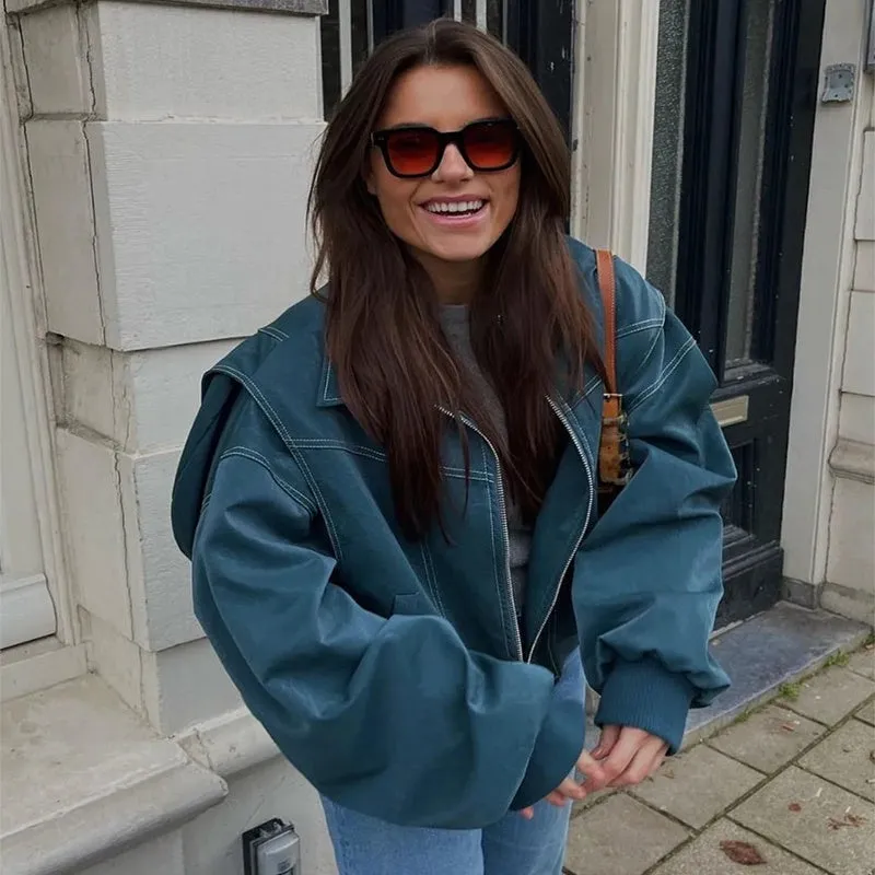 Loose Fashion Lapel Zip-up Jacket Cool Long Sleeve Zipper Closure Moto Biker Leather Jacket