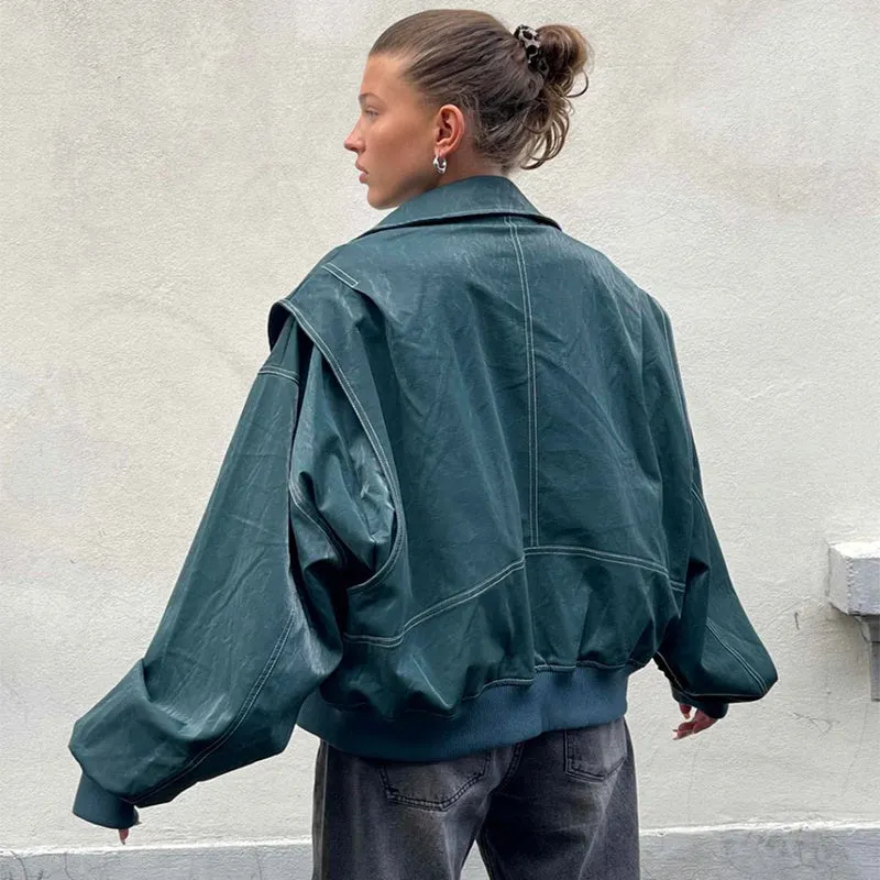 Loose Fashion Lapel Zip-up Jacket Cool Long Sleeve Zipper Closure Moto Biker Leather Jacket