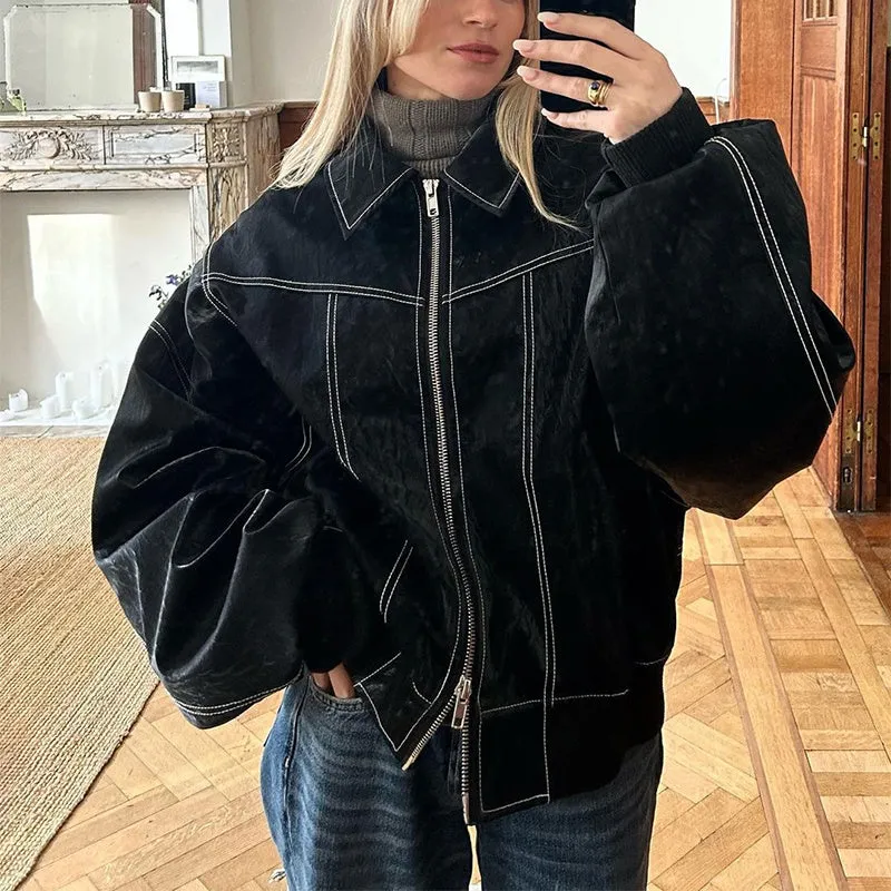 Loose Fashion Lapel Zip-up Jacket Cool Long Sleeve Zipper Closure Moto Biker Leather Jacket