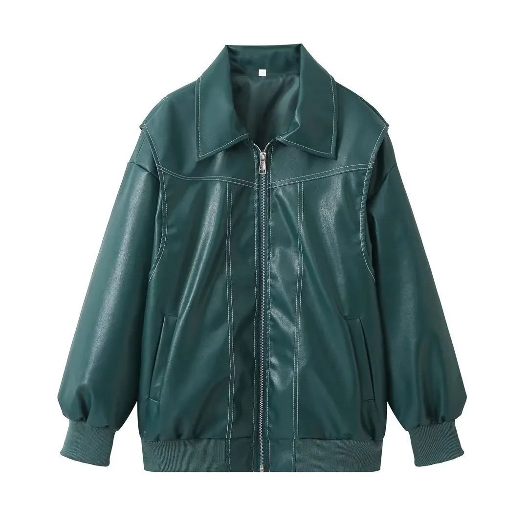 Loose Fashion Lapel Zip-up Jacket Cool Long Sleeve Zipper Closure Moto Biker Leather Jacket