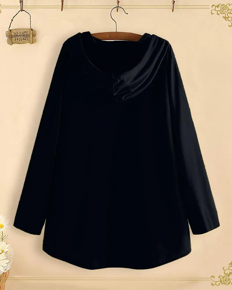 Noble Retro Print Long-Sleeved with Loose Hem Hoodie