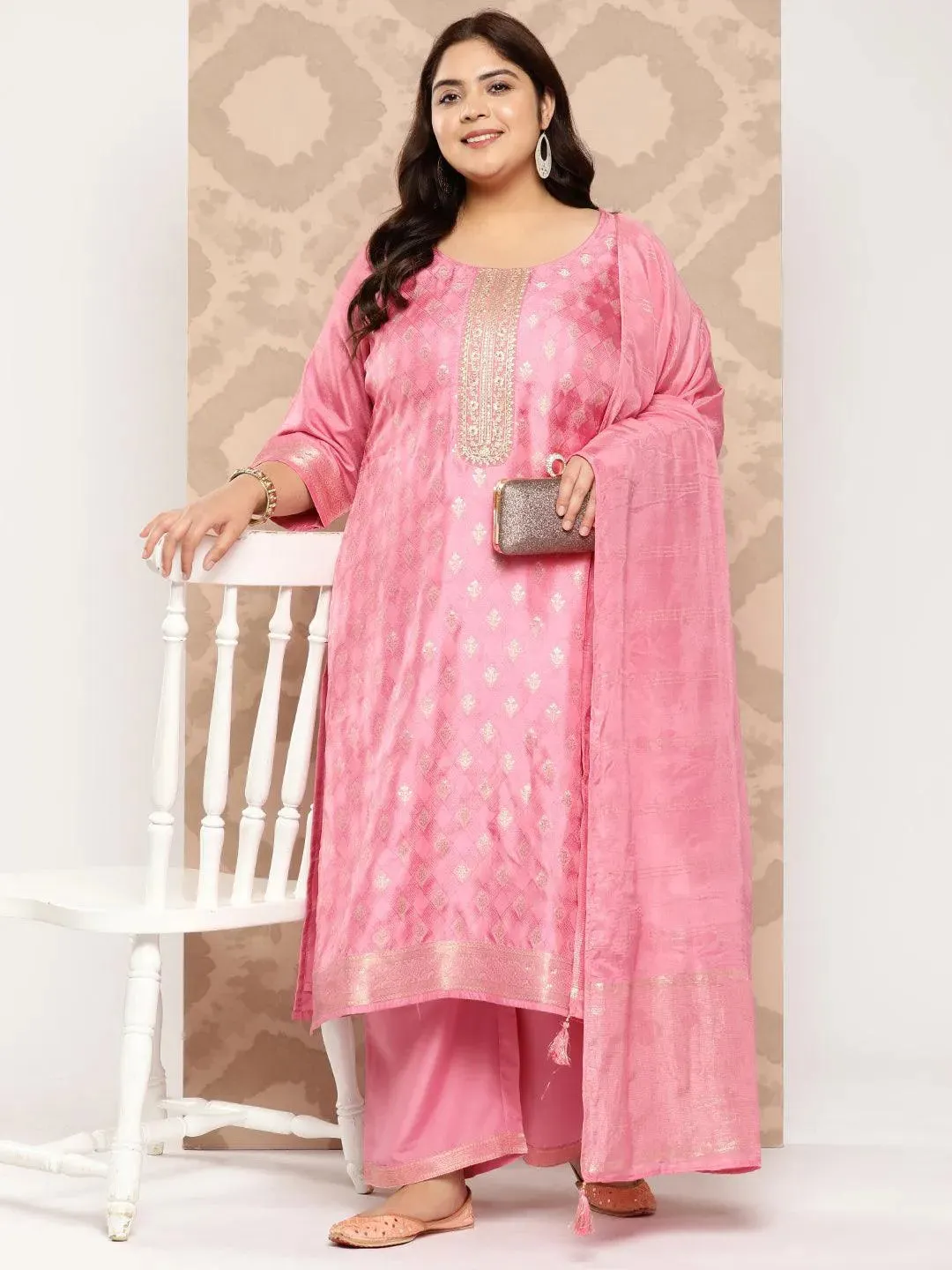 Pink Embroidered Silk Blend Straight Kurta With Trousers and Dupatta