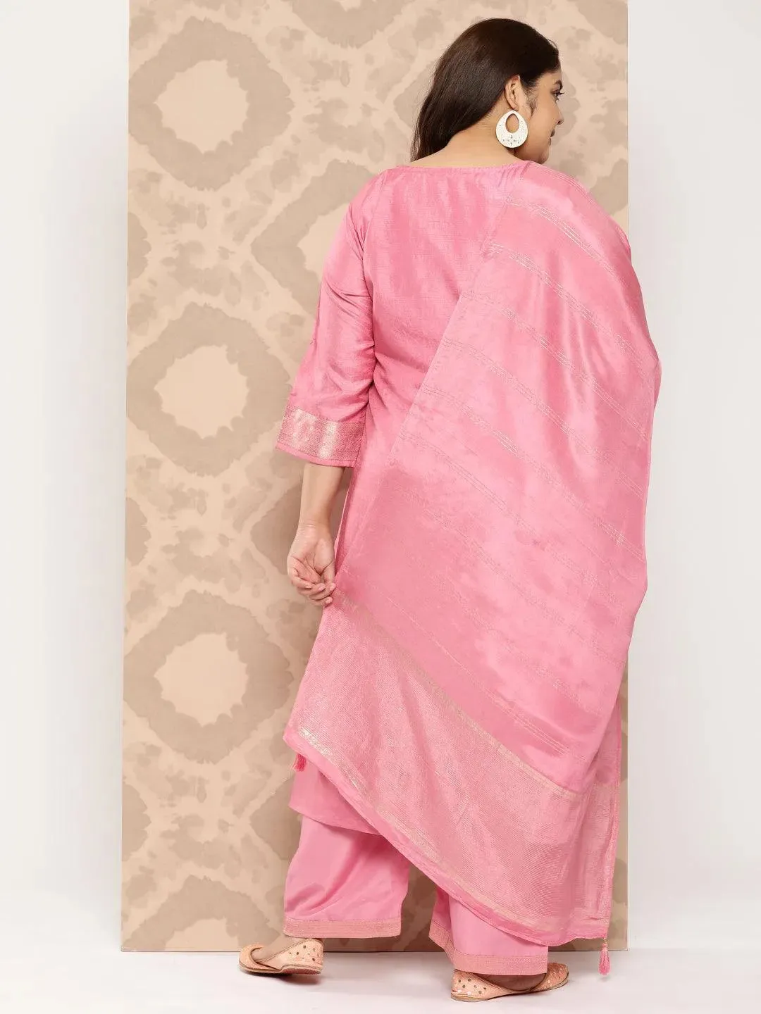 Pink Embroidered Silk Blend Straight Kurta With Trousers and Dupatta