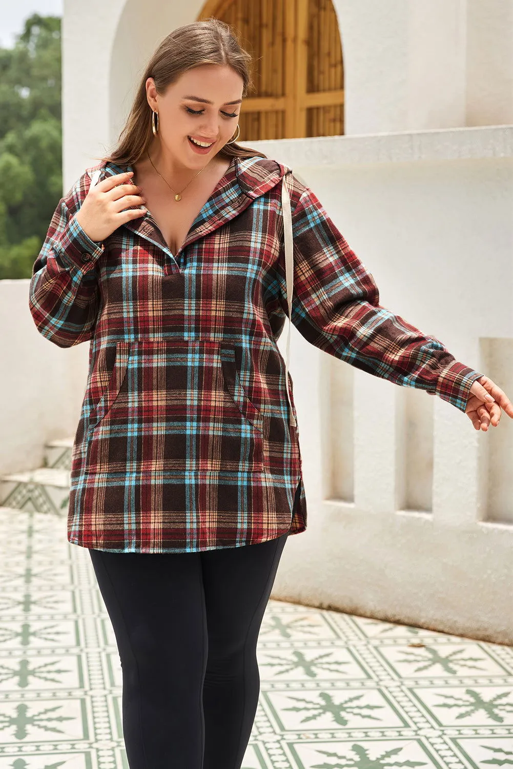 Plus Size Drawstring Plaid Quarter Button Hoodie - Stylish Comfort