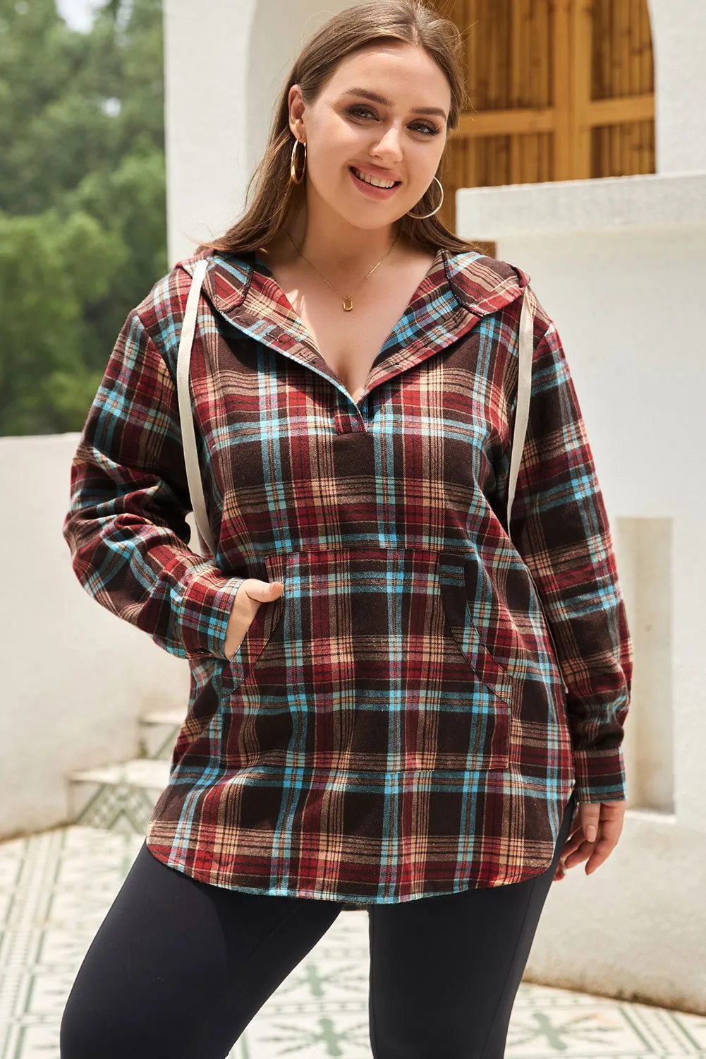 Plus Size Drawstring Plaid Quarter Button Hoodie - Stylish Comfort