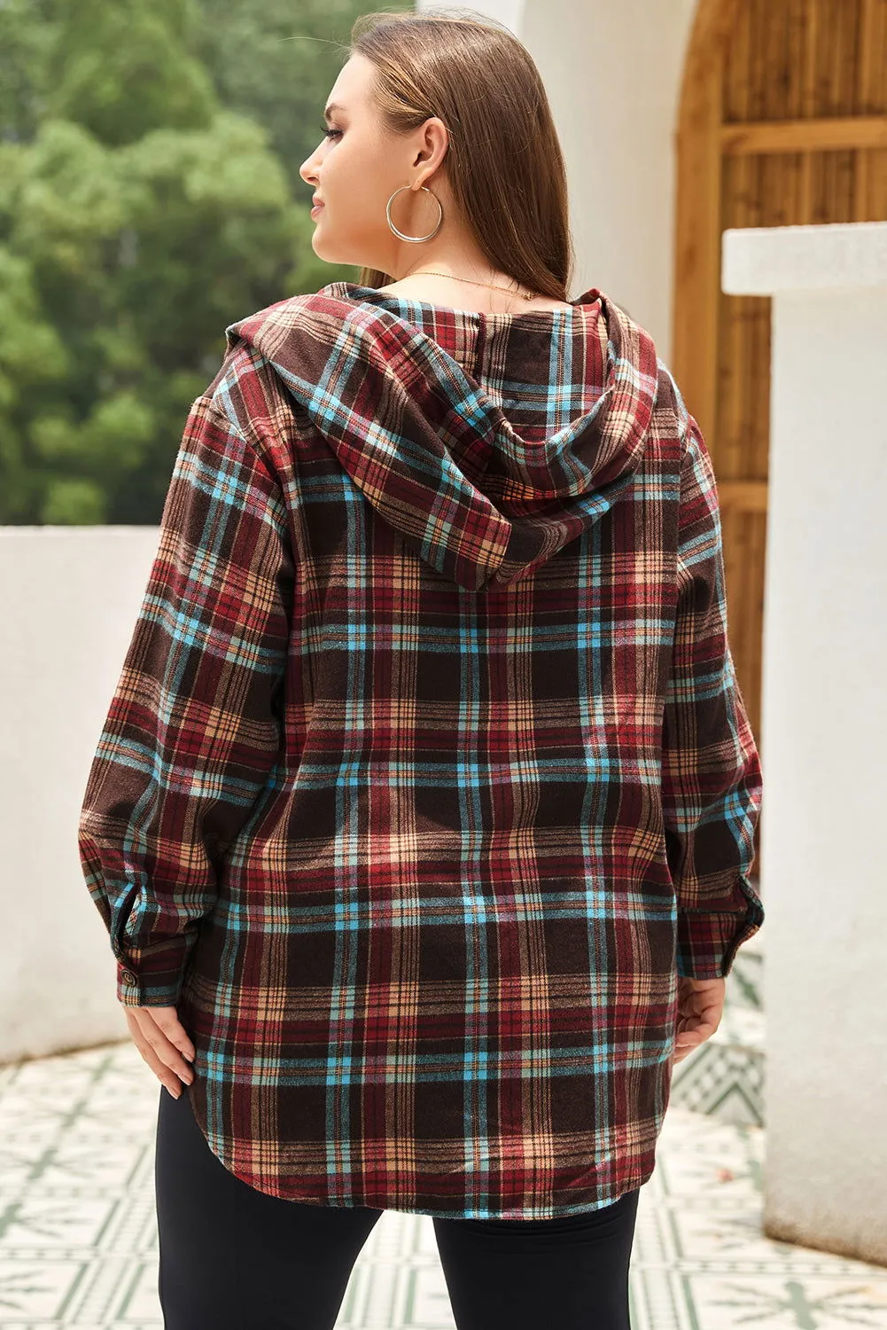 Plus Size Drawstring Plaid Quarter Button Hoodie - Stylish Comfort