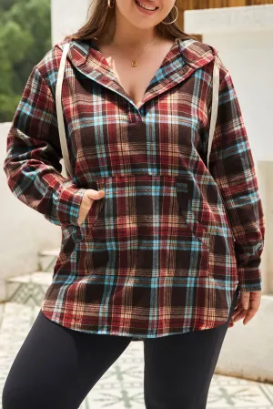 Plus Size Drawstring Plaid Quarter Button Hoodie - Stylish Comfort