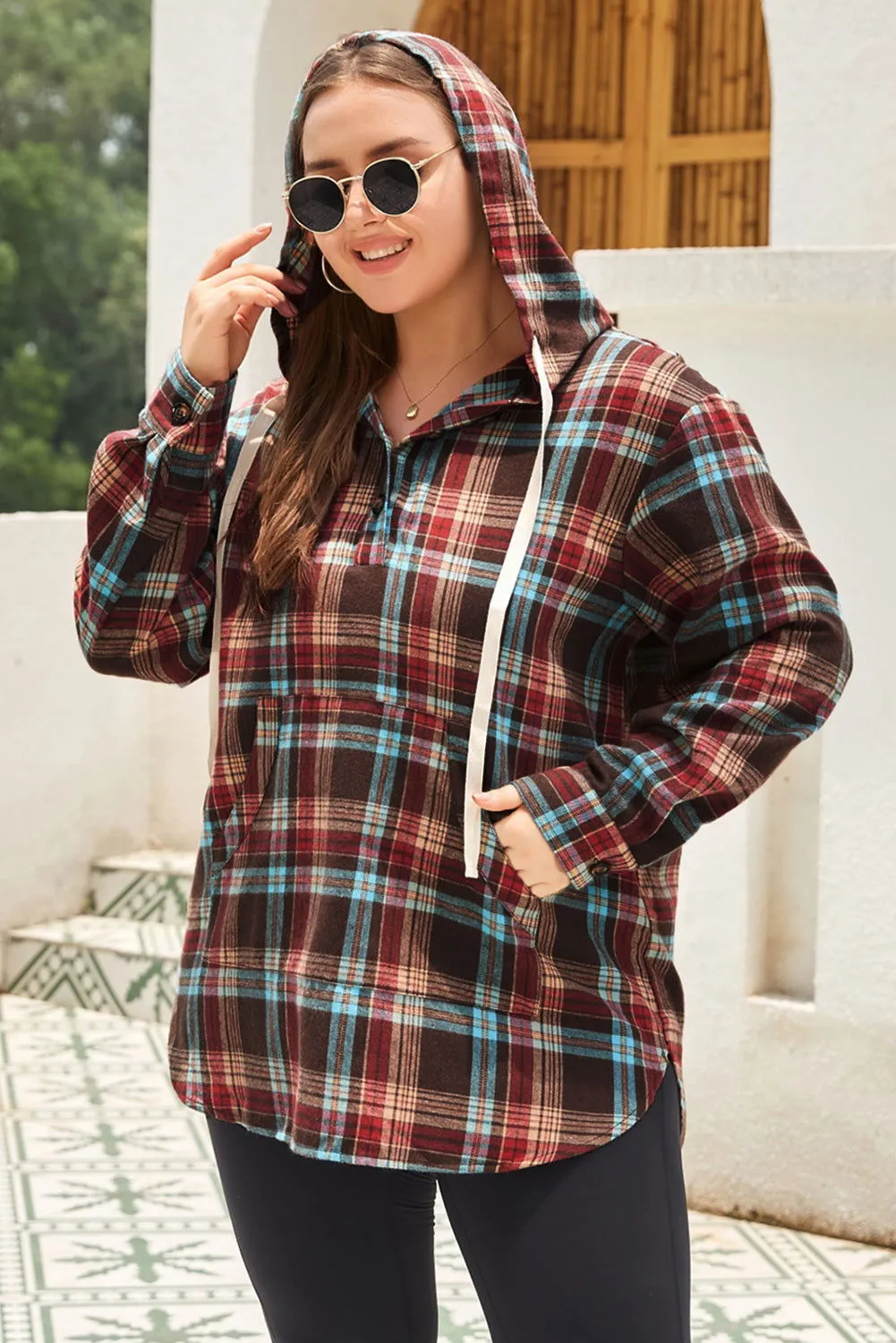 Plus Size Drawstring Plaid Quarter Button Hoodie - Stylish Comfort