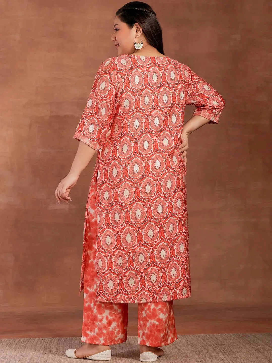 Plus Size Peach Printed Silk Blend Straight Kurta With Palazzos