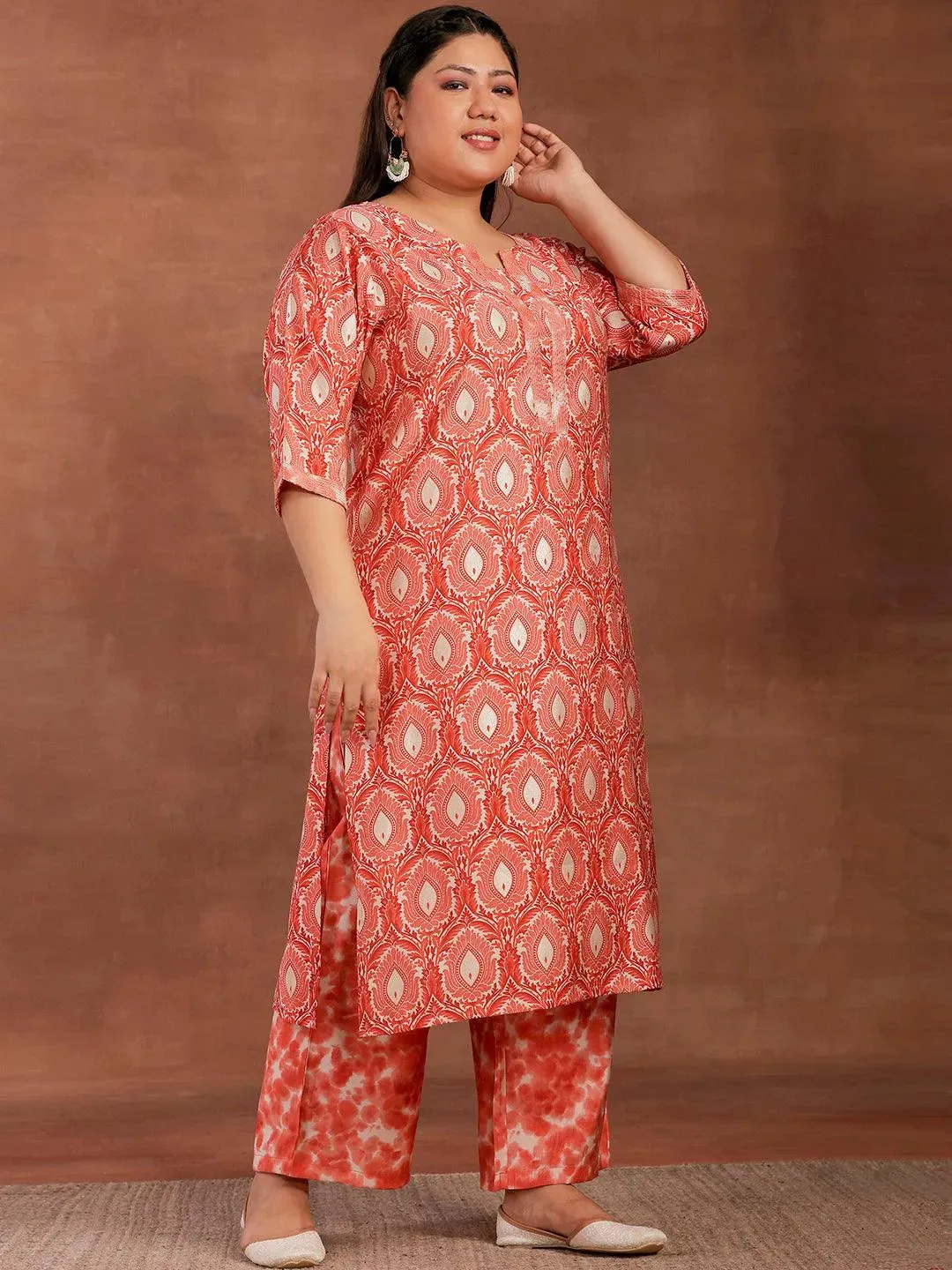 Plus Size Peach Printed Silk Blend Straight Kurta With Palazzos