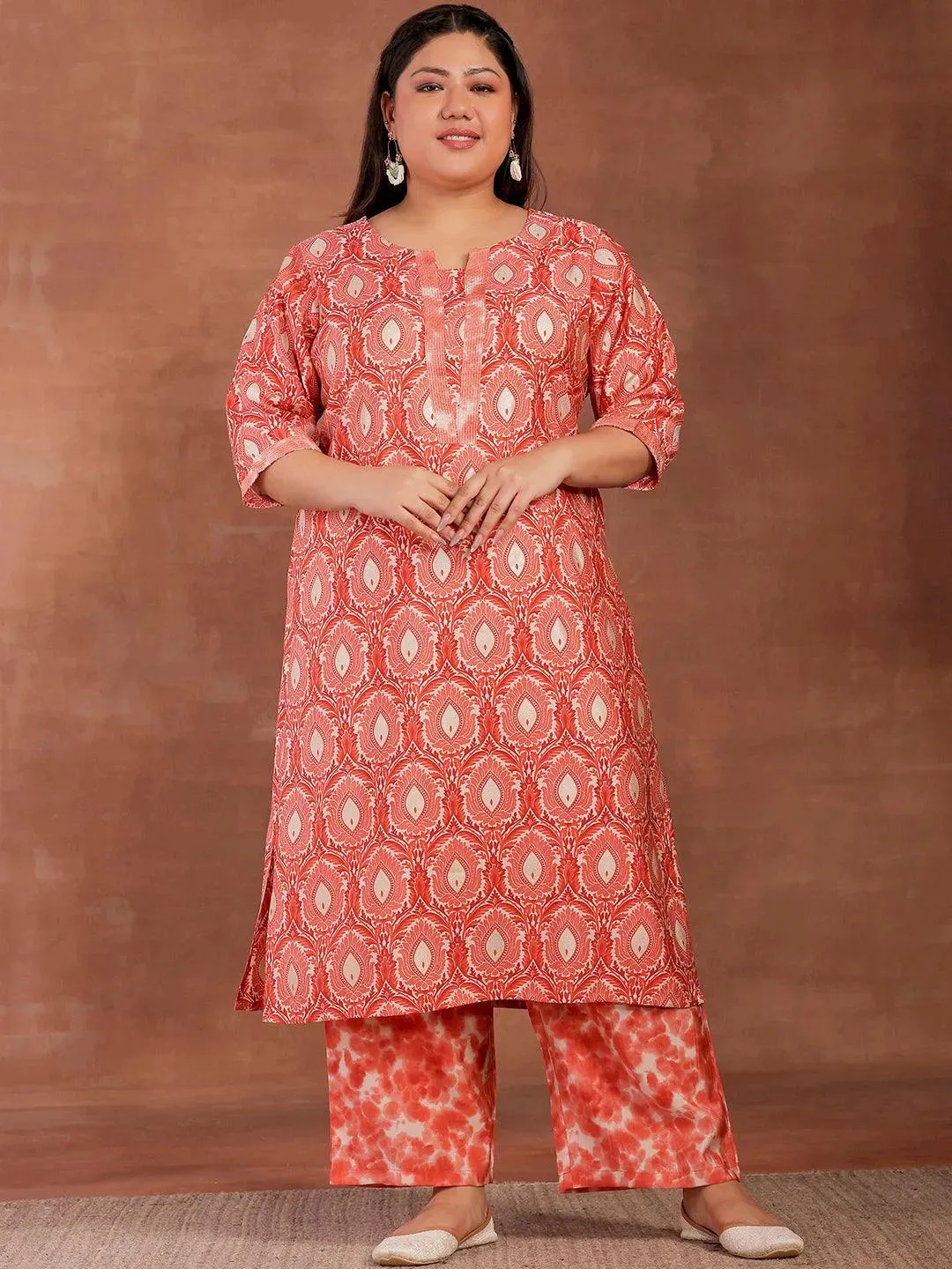 Plus Size Peach Printed Silk Blend Straight Kurta With Palazzos