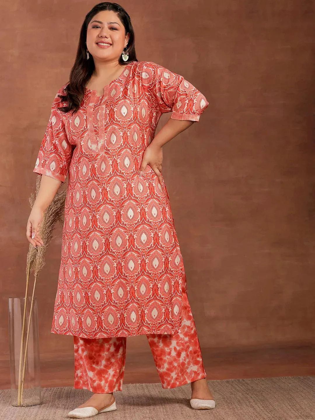 Plus Size Peach Printed Silk Blend Straight Kurta With Palazzos