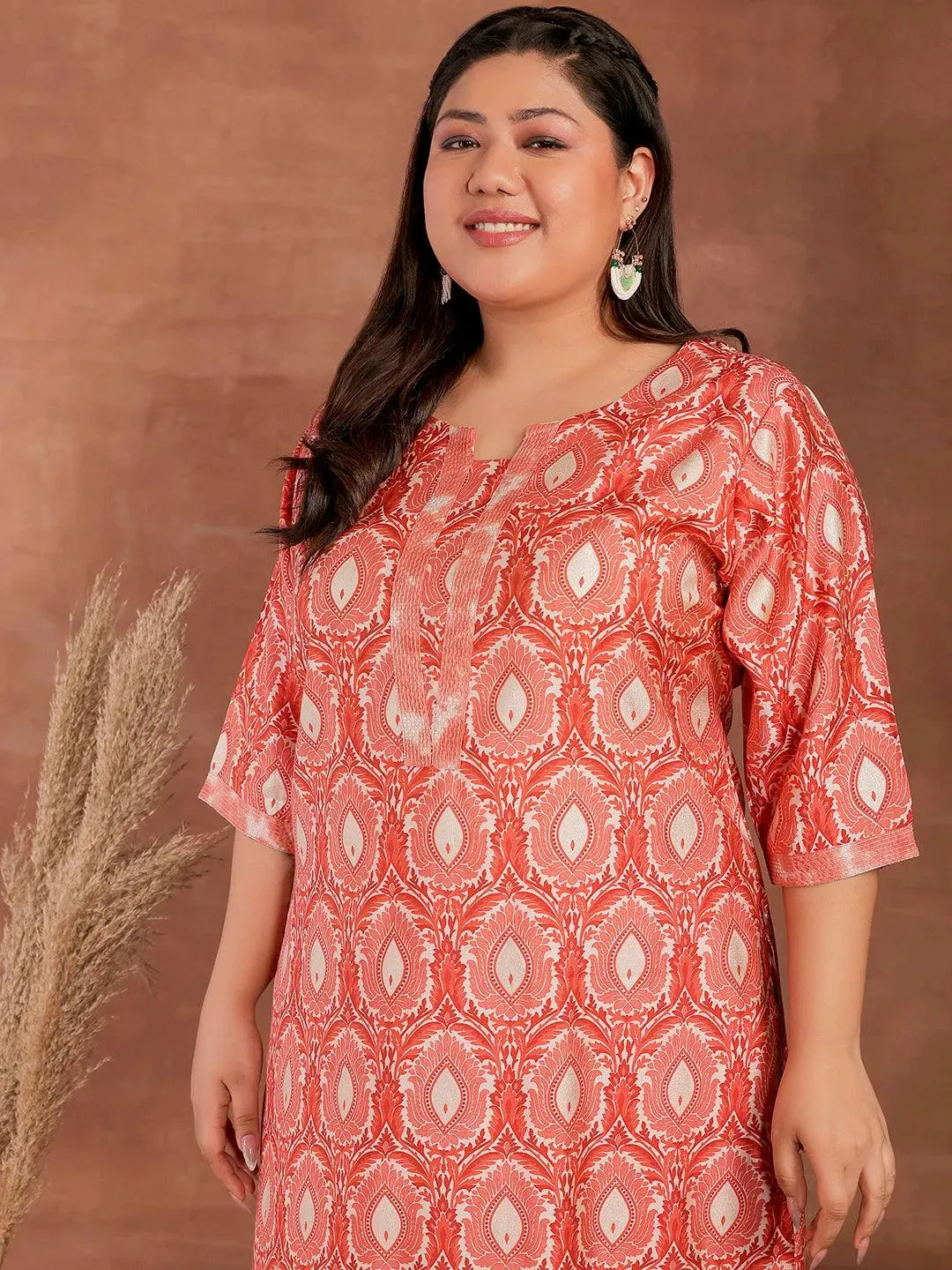 Plus Size Peach Printed Silk Blend Straight Kurta With Palazzos