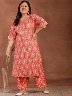 Plus Size Peach Printed Silk Blend Straight Kurta With Palazzos