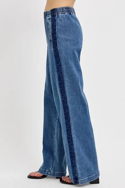 RISEN Retro Elastic Waist High-Rise Mom Jeans Relaxed Wide Leg Denim Pants