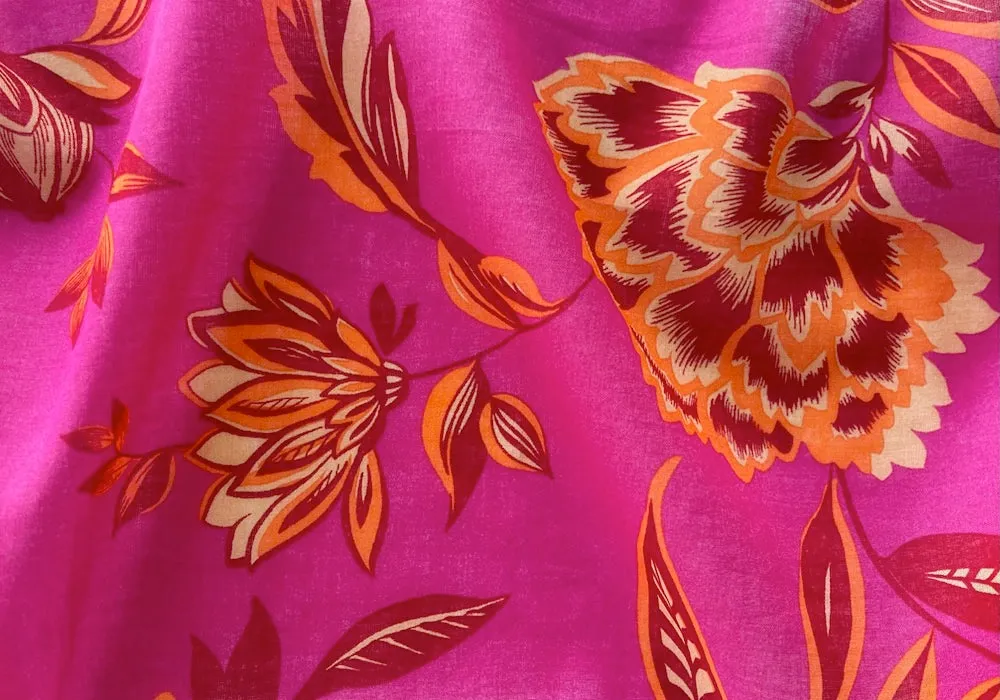 Semi-Sheer Pale Tangerine, Garnet & Brilliant Pinkberry Chintz-inspired Flowers Cotton Voile (Made in Italy)