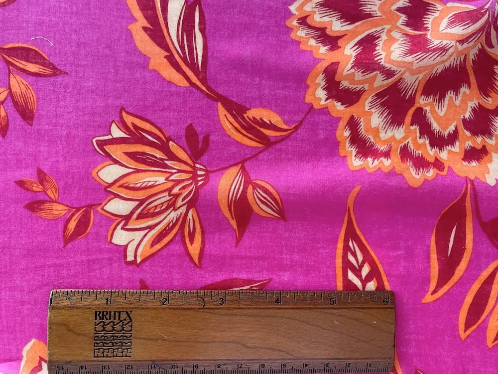 Semi-Sheer Pale Tangerine, Garnet & Brilliant Pinkberry Chintz-inspired Flowers Cotton Voile (Made in Italy)