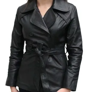 Stylish Women's Black Color Leather Coat/ Jacket, Black Leather Belt Coat For Ladies