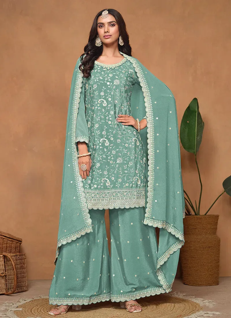 Teal Blue Chinon Festival Wear Top Palazzo Suit