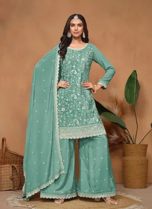 Teal Blue Chinon Festival Wear Top Palazzo Suit
