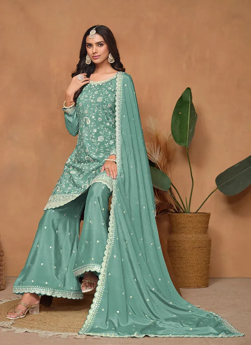 Teal Blue Chinon Festival Wear Top Palazzo Suit