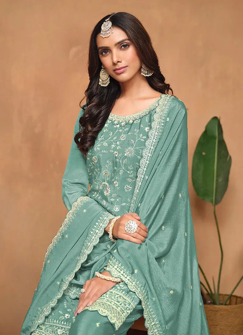 Teal Blue Chinon Festival Wear Top Palazzo Suit