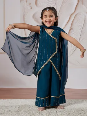 VASTRAMAY Girls' Turquoise Kurta Set With Dupatta