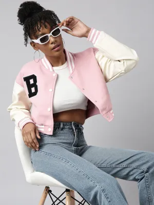 Women Solid Crop Pink Drop Shoulder Oversized Varsity Jacket