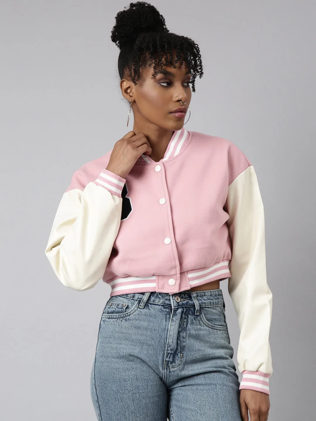 Women Solid Crop Pink Drop Shoulder Oversized Varsity Jacket