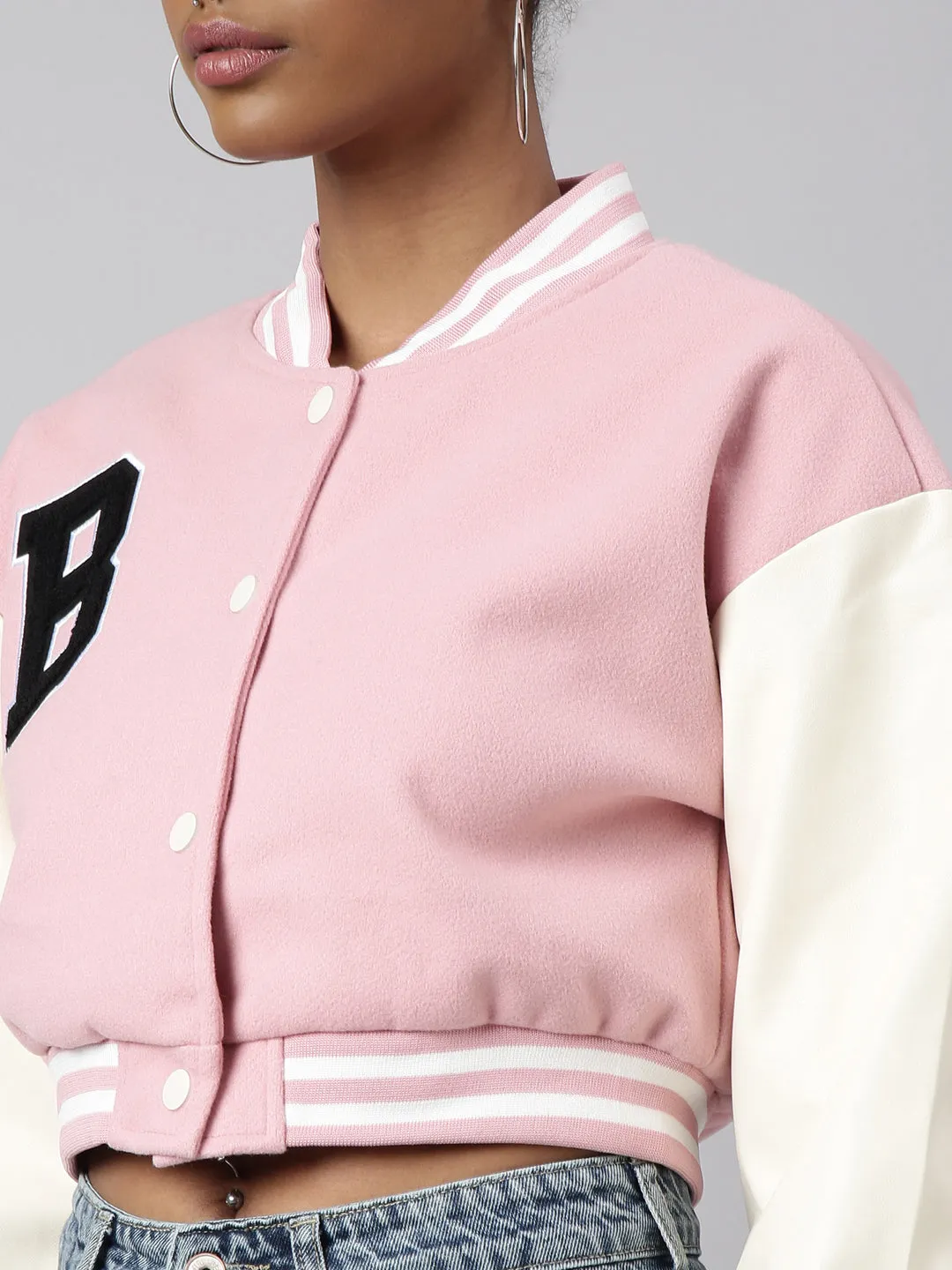 Women Solid Crop Pink Drop Shoulder Oversized Varsity Jacket