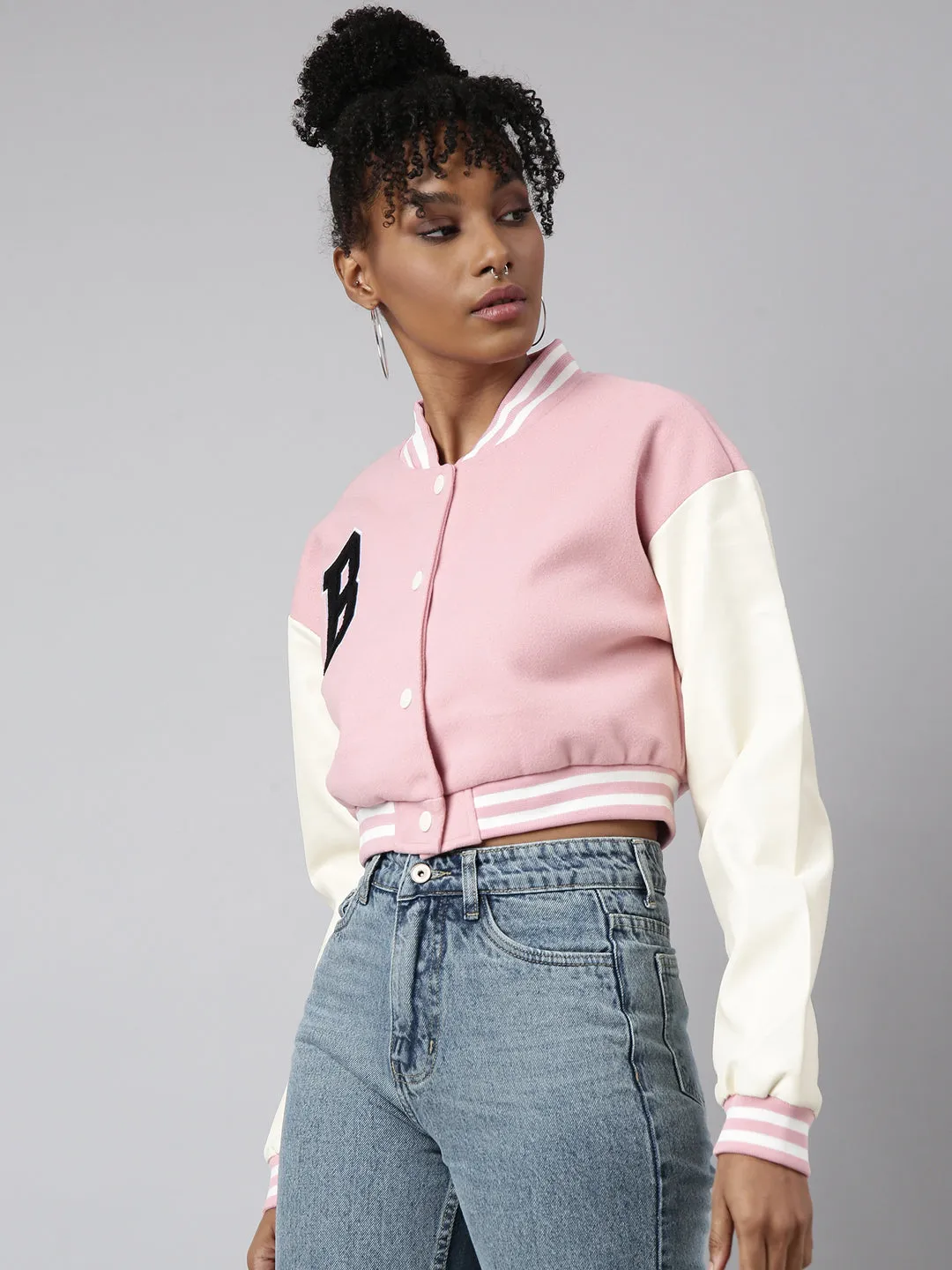 Women Solid Crop Pink Drop Shoulder Oversized Varsity Jacket
