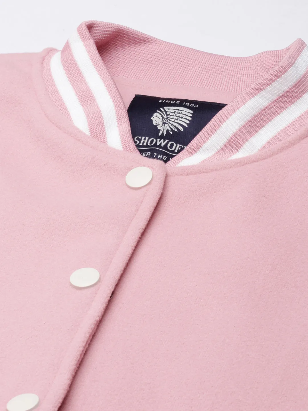 Women Solid Crop Pink Drop Shoulder Oversized Varsity Jacket