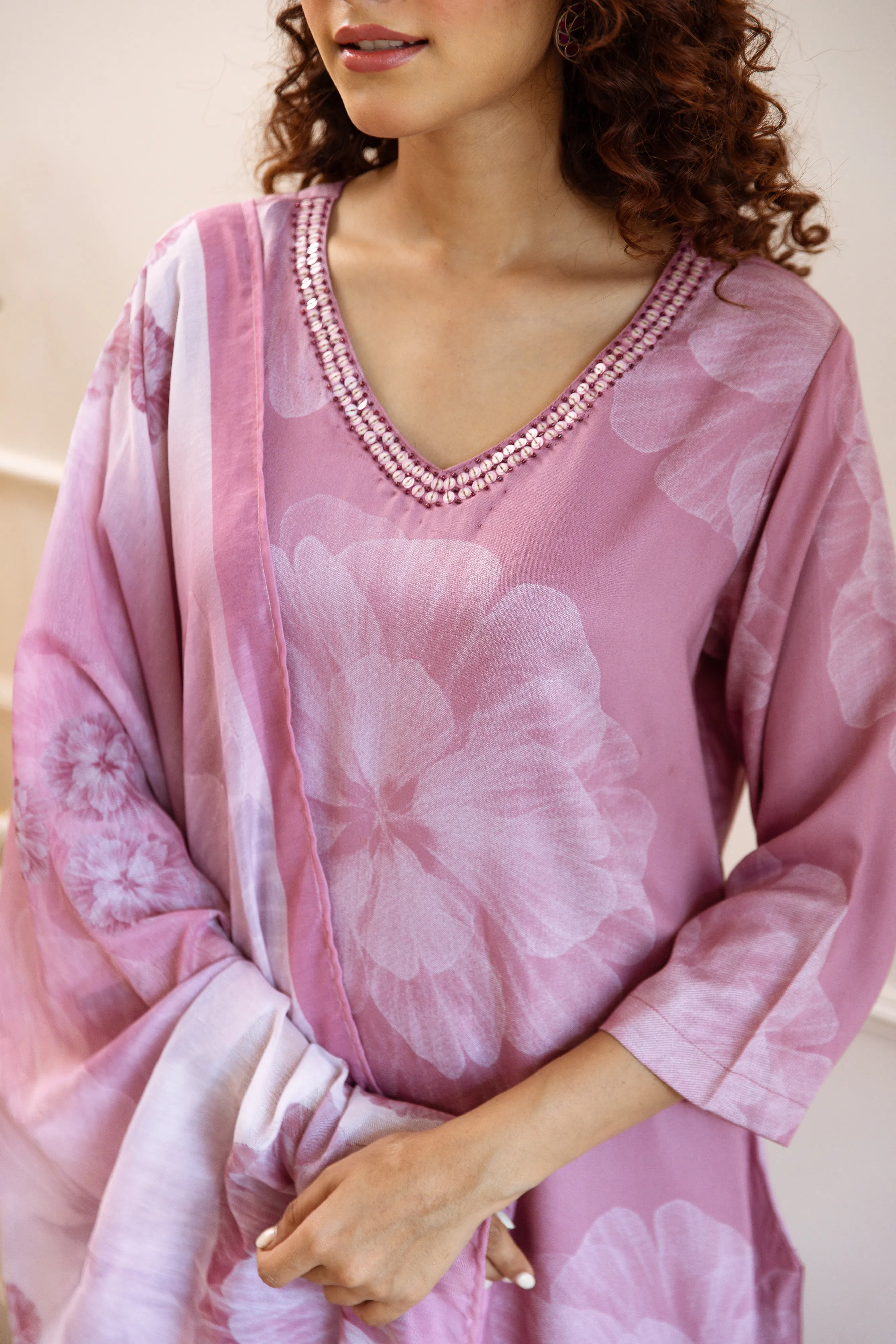 Women's Peach Rayon Kurta, Palazzo & Dupatta Set