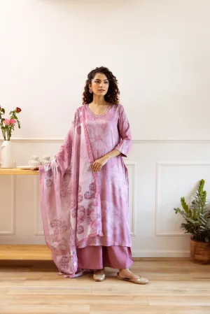 Women's Peach Rayon Kurta, Palazzo & Dupatta Set