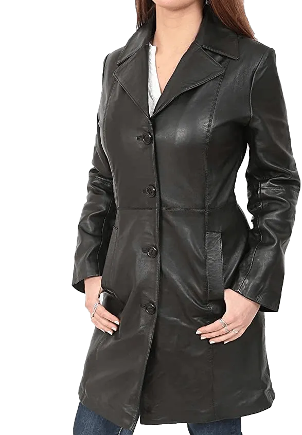 Women’s Quarter Leather Pea Coat | Womens Black Leather Pea Coat