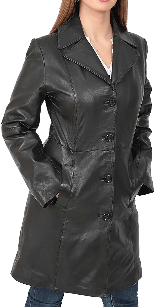 Women’s Quarter Leather Pea Coat | Womens Black Leather Pea Coat