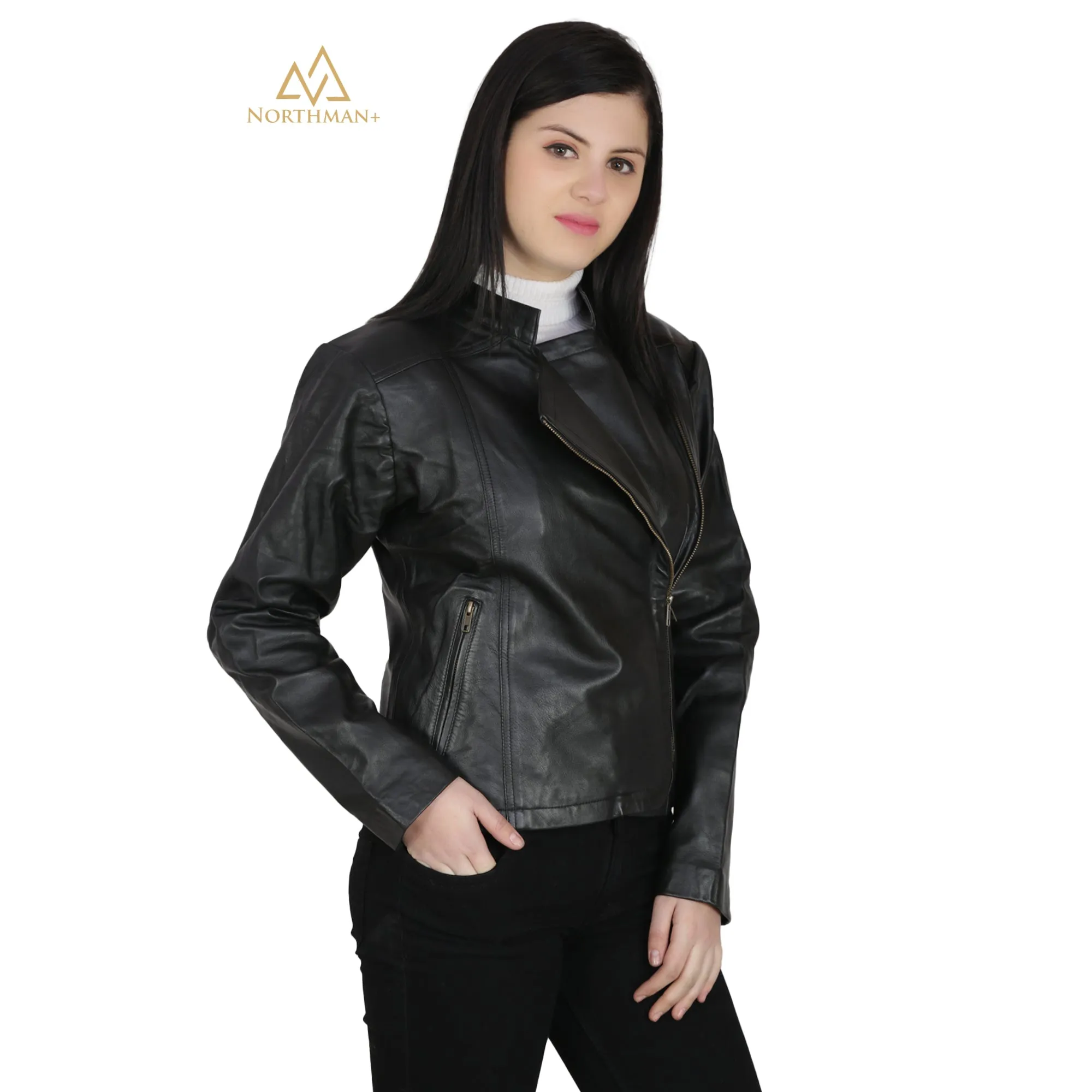 Women's Slim Fit Biker Cross Leather jacket : Biker Cross Zipped