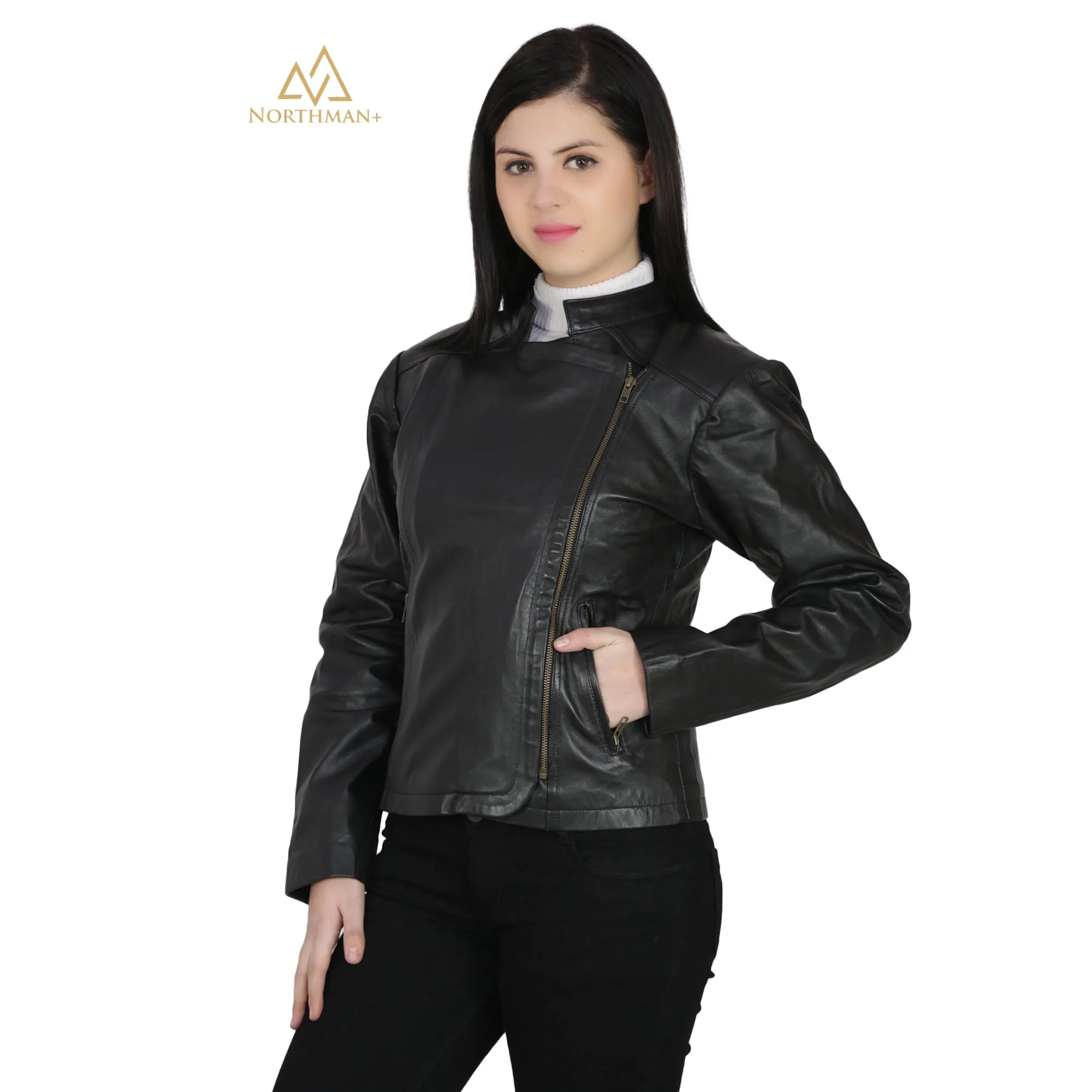 Women's Slim Fit Biker Cross Leather jacket : Biker Cross Zipped