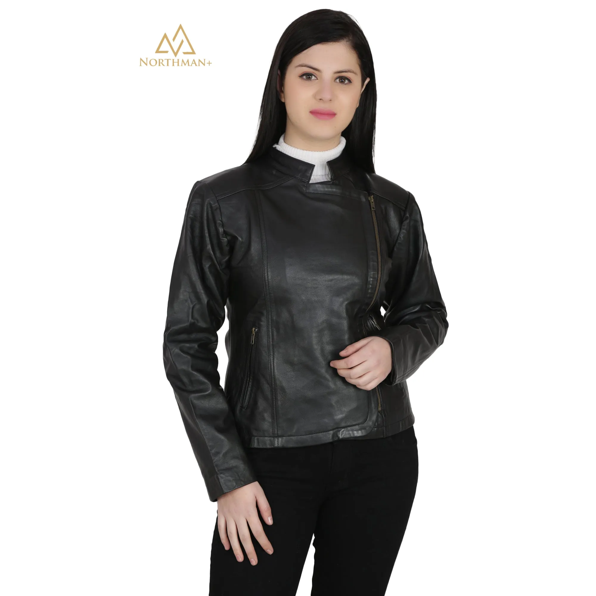Women's Slim Fit Biker Cross Leather jacket : Biker Cross Zipped