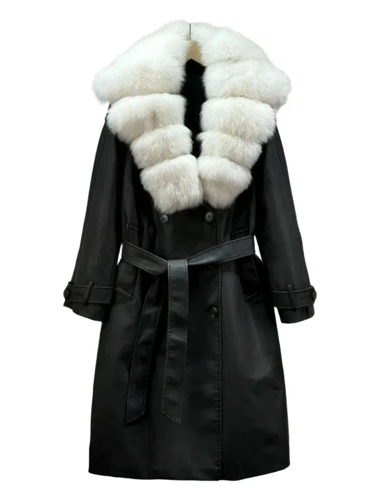 Women's Vintage Loose PU Leather Jacket - Real Fox Fur, Double-Breasted Belt Coat, Autumn/Winter Streetwear Outwear